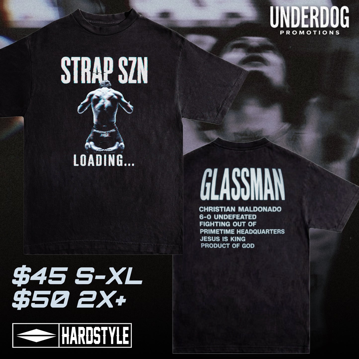 CHRISTIAN “GLASSMAN” MALDONADO CHAMPIONSHIP FIGHT TEE. HEAVY WEIGHT OG STYLE TEE WITH FRONT AND BACK GRAPHIC