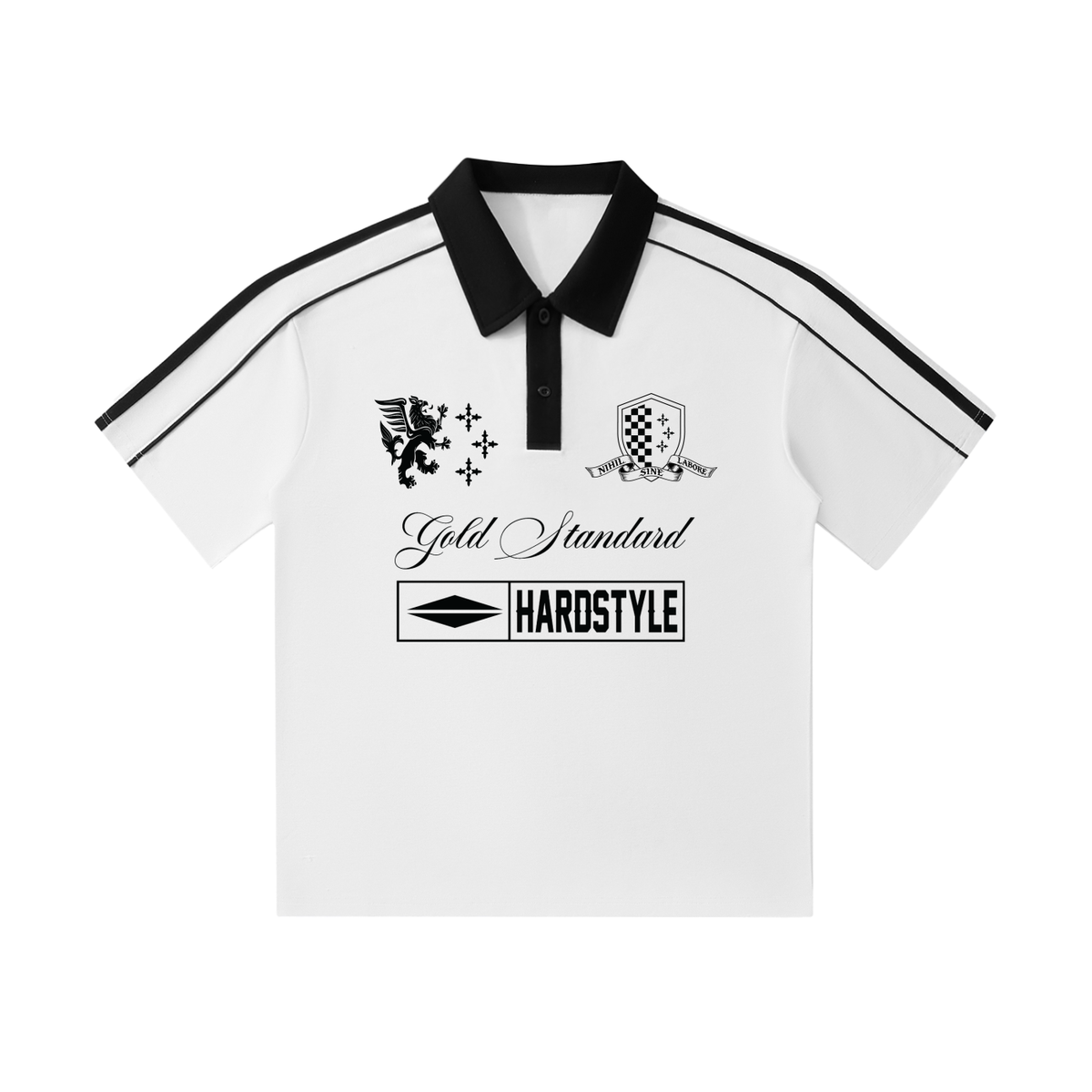 Gold Standard Elegant Cursive with Coat of Arms White Contrast Collar Short-Sleeve Polo Shirt