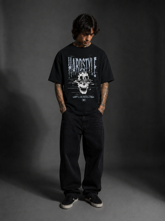 GLITCH RETRO BLACK ENZYME WASHED STREET WEAR TEE
